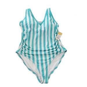 Kona Sol Swimsuit Womens Size 14 W Turquoise Striped V-neck One Piece Neutral A